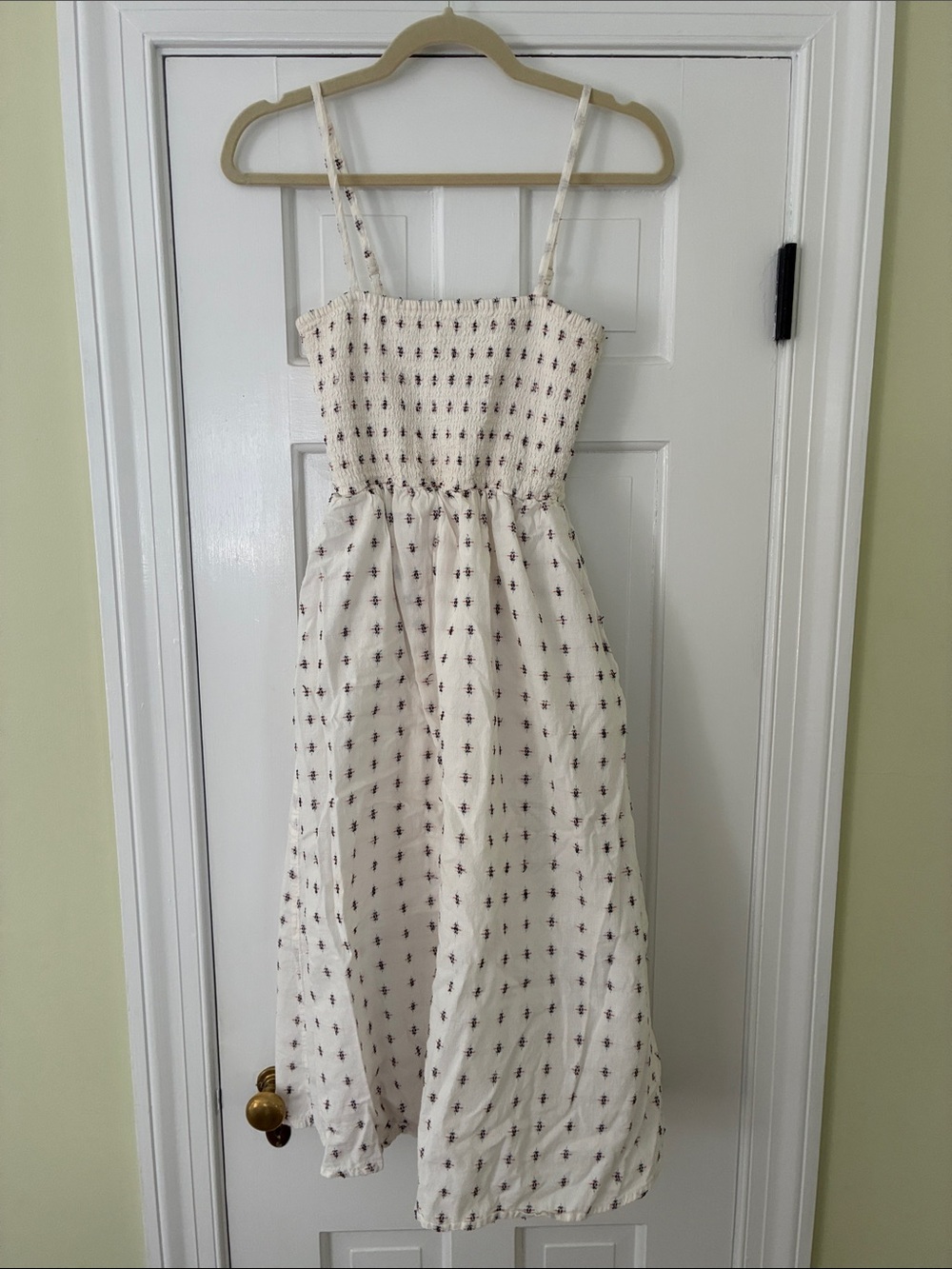 Cream Midi Sundress with Smocked Bodice and Tiny Floral Print